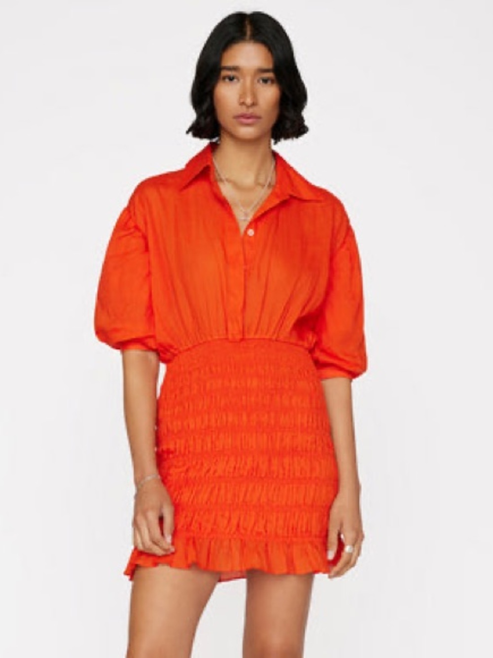 Frame Denim Bright Orange Smocked Mini Dress